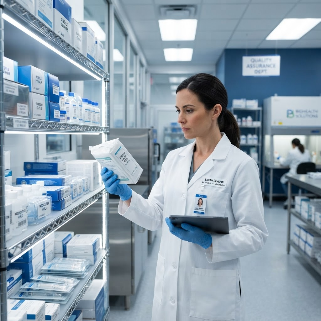 Healthcare professional performing quality checks on medical products